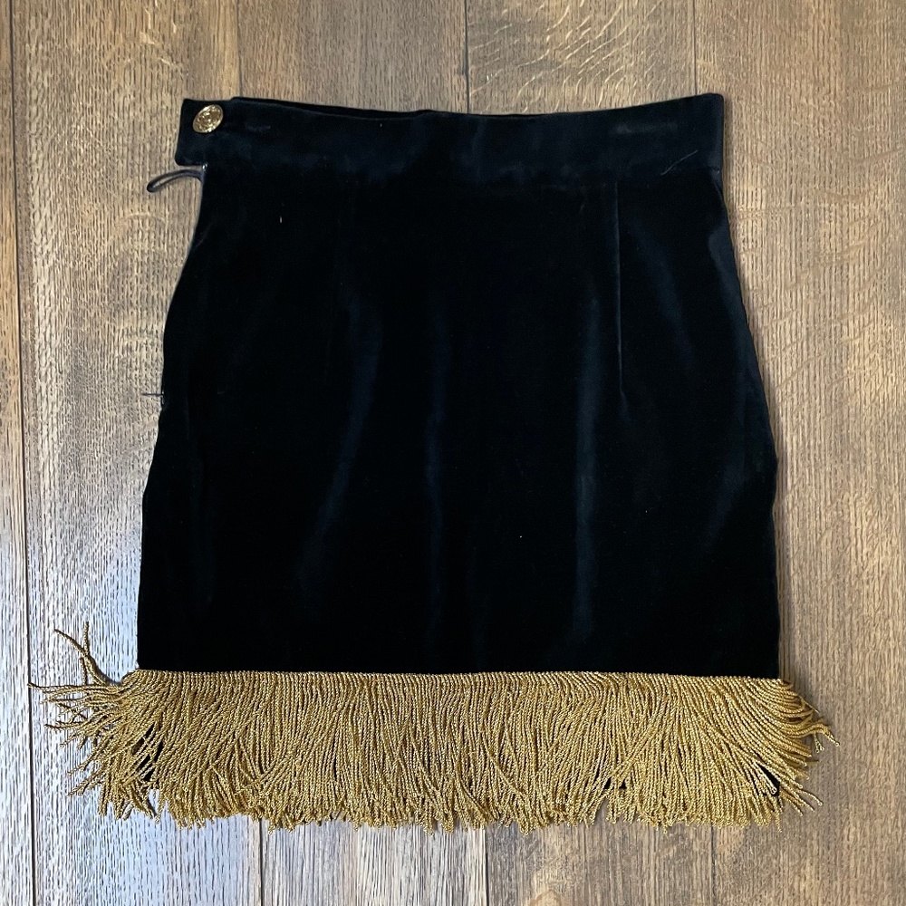 Vintage MOSCHINO velvet mini skirt 6 26 inch waist gold fringe